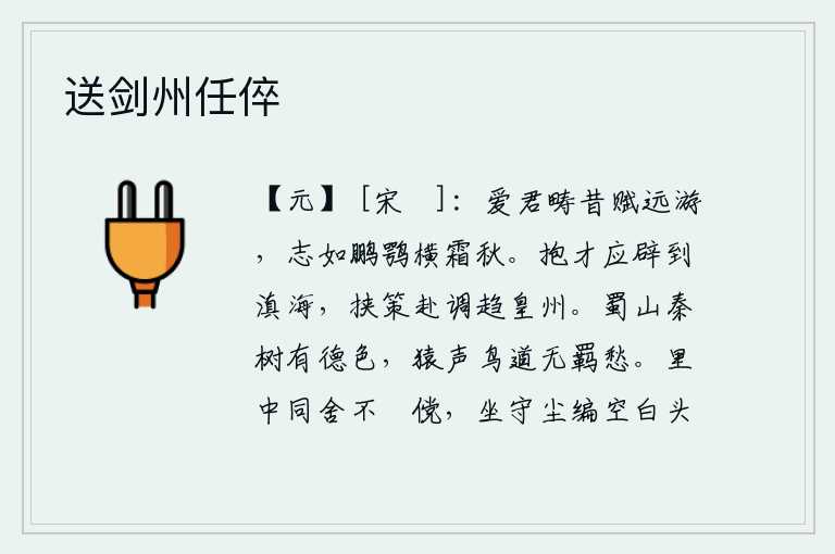 送剑州任倅，我喜爱你从前曾写过《远游赋》,你的志向就像鹏鹗在秋霜中横飞一样。怀抱才华的人应该被征召到边远的地方,带着谋略去赴京城接受调遣。蜀山秦树多么美好的颜色,猿声鸟道让