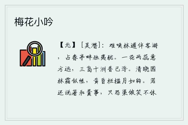 梅花小吟,无法叫来林逋陪伴我出游,只有我在占春亭畔独自吟诗。一朵花开两朵蕊,含苞待放的意境已经很深远了。飘浮在三岛十洲的芳香已渐渐消散。清晨,园林里的寒霜洁白得像素练;黄