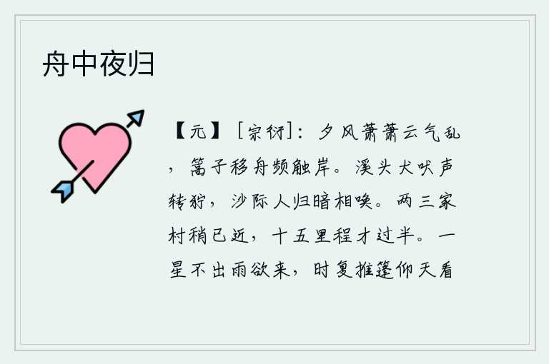 舟中夜归,傍晚的风萧萧作响,乌云密布,一片昏暗迷乱。船夫用竹篙把船儿移动,不时地触到岸上。溪头上狗的叫声越来越厉害,沙岸边的人回来了,在黑暗中互相呼唤。两三户人家的村子渐