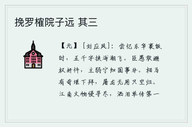 挽罗榷院子远 其三，我曾经回忆起在东华宫裹面吃饭的时候,我的五千字诗随着海潮一起飞走了。作为臣子愚昧,怎敢躲避权贵奸臣的冒犯,君主软弱难道知道国家大事不对吗?看了这匹骏马,觉得它很