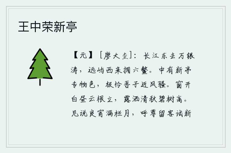 王中荣新亭,长江向东流去像万道银色的波涛,远处的岛屿向西伸展好像六只海鳌。《新亭》这首诗写得特别清新动人,我真怜你对《诗经·风骚》感慨万千。窗户敞开在白天,云朵的根部高高地