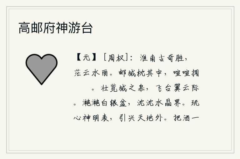 高邮府神游台,淮南一带的风景名胜,浩瀚无边,云雾缭绕,水天相连,景色秀丽。集市紧靠着邮亭,喧闹的街道环绕着集市。壮观地眺望着城的边上,高耸入云的楼台像鸟儿展翅翱翔在云端。晶莹