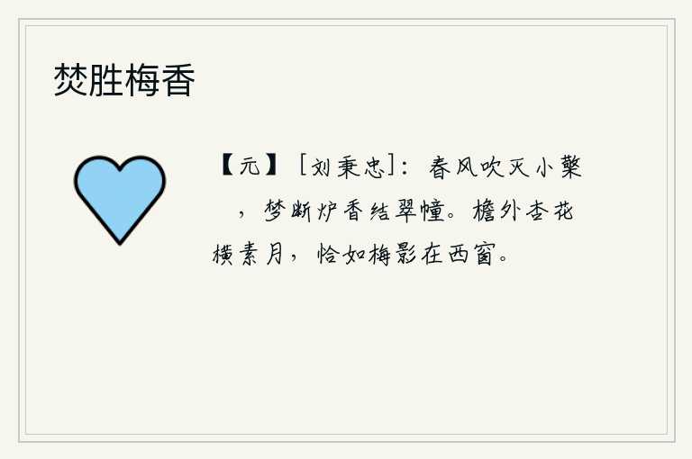 焚胜梅香，春风吹灭了小小的灯烛,梦中醒来只见炉中的香气弥漫在翠绿的帷帐上。屋檐外的杏花横卧在月光下,就像梅花的影子映照在西窗上一样。
