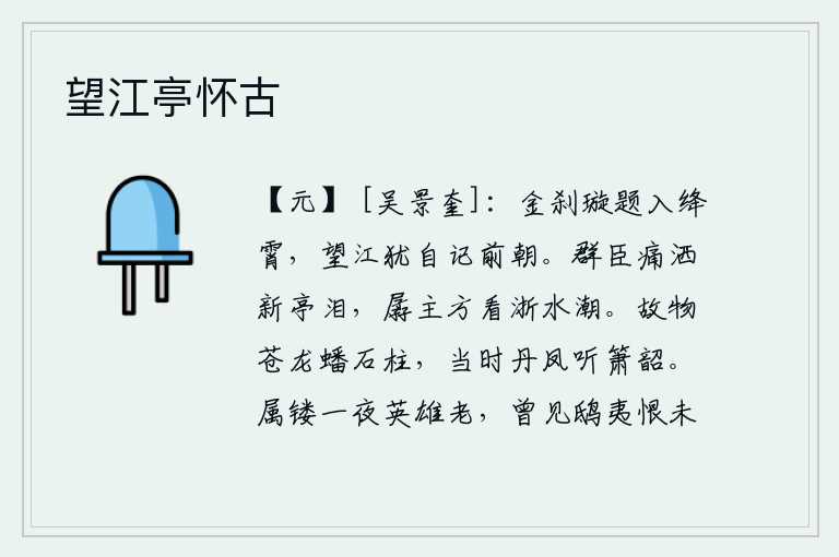 望江亭怀古，金陵城墙上刻着皇帝的名号,高入云霄。遥望长江,我还牢记着前朝的功业。群臣在新亭痛哭流涕,可怜的君主正看着浙水汹涌澎湃。昔日的青龙盘踞在石柱上,当年的丹凤正在聆听