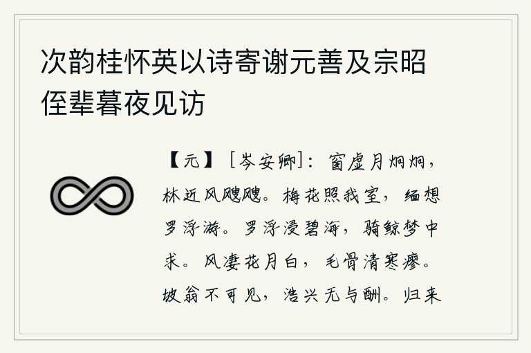 次韵桂怀英以诗寄谢元善及宗昭侄辈暮夜见访,虚空的窗户上,一轮明月高高地挂在天边,树林很近,阵阵凉风吹来,似乎在提醒我:今夜是多么美好啊!一株梅花映照着我的房屋,让我怀念起当年在罗浮山游玩的美好时光。罗浮