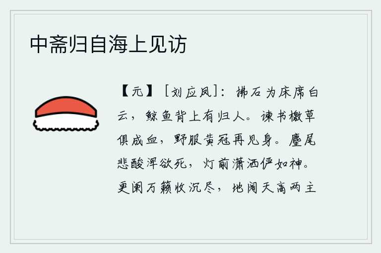 中斋归自海上见访，用手拂动石头,石头成了床席,上面铺满了白云。鲸鱼的背上,有一位归来的人。进谏的书信和檄文都化作了鲜血,我身穿野服戴着黄冠又一次见到了自己的身影。头上戴着麈尾,悲