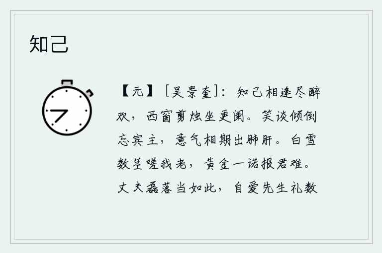 知己，与知心朋友相逢,尽情地饮酒作乐。在西窗下剪烛而坐,直到夜深人静。和朋友开怀畅饮,倾心荡漾,忘记了宾主之间的交情;意气相投,出自内心的真情实意。像几棵白雪一样落下