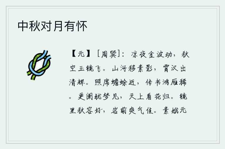 中秋对月有怀,凉爽的夜晚金光闪烁,秋天的天空明亮如玉镜飞舞。山河倒映在白茫茫的天空中,云彩从天上升起,放射出清朗的光辉。月亮靠近我的坐席,传书的鸿雁来得稀少。夜深了还梦见自己