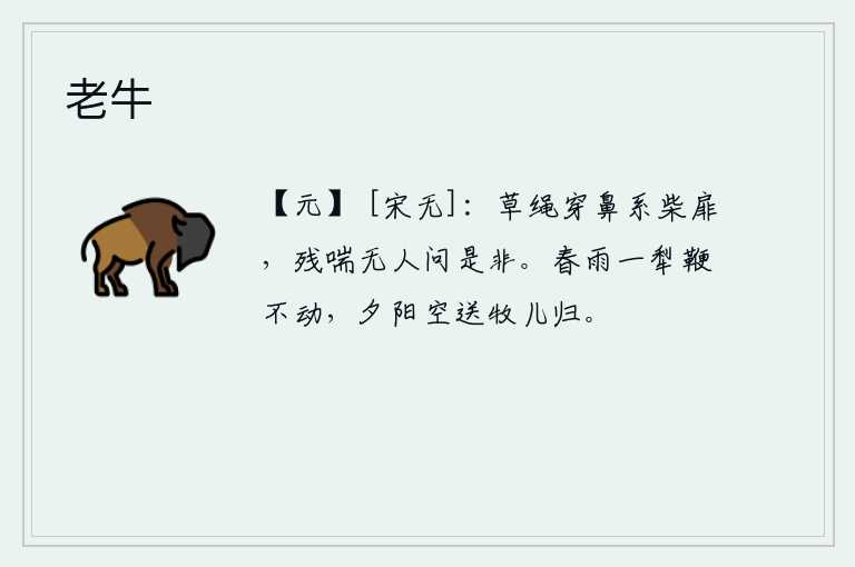 老牛，用草绳穿透鼻子,系在柴门上,呼吸的喘息声没有人来询问是与非。春雨绵绵,连马鞭都打不动;夕阳西下,只好白白地送着放牧的孩子回家。