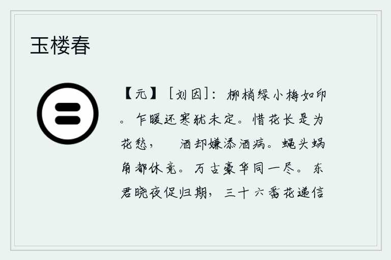 玉楼春,柳树梢上长满了嫩绿的小梅花,好似有印迹可供人窥视。天气乍暖还寒还没有完全稳定下来。爱惜花总是为花而发愁,沉溺于酒却嫌酒会增添许多的毛病。连蝇头、蜗牛角都不要争夺